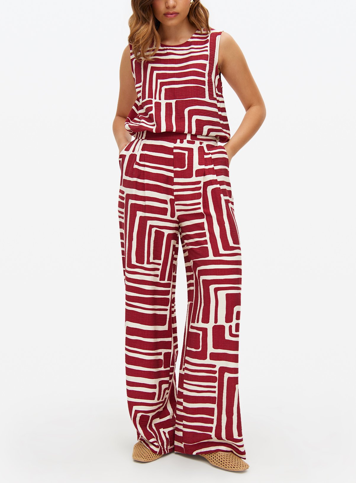 Burgundy Geometric Print Wide Leg Co-ord Trousers 14 - Image 1 thumbnail